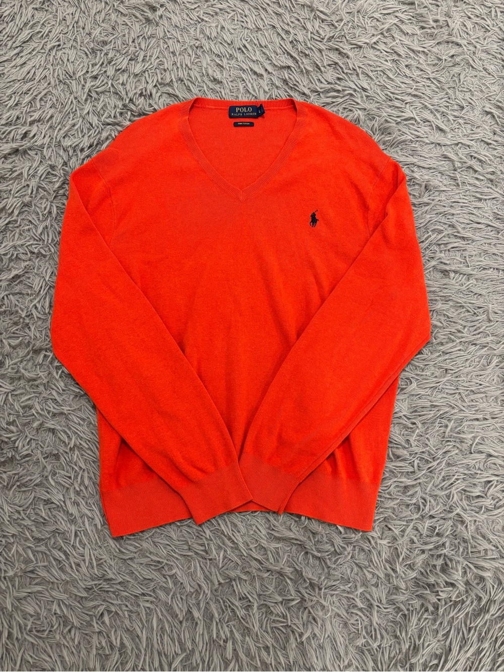 Polo Ralph Lauren Men Orange Red V-Neck Sweater Large Pima Cotton Preppy Classic